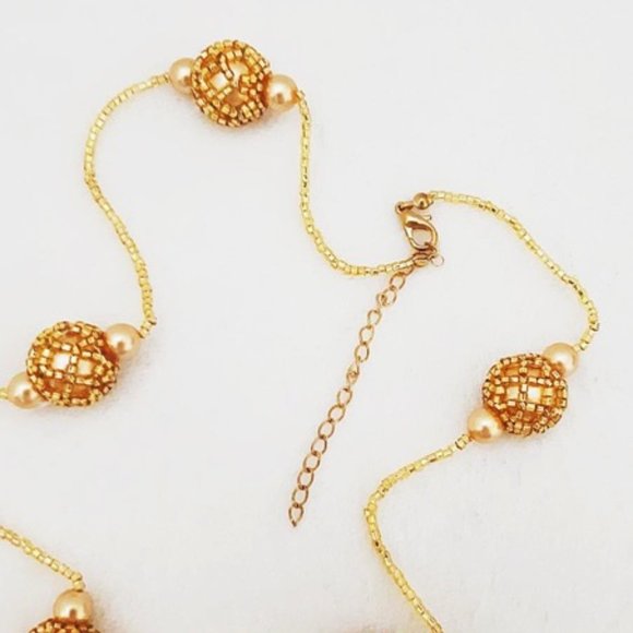 Gold Long Beaded Necklace Faux Pearl Seed Bead NEW - Picture 6 of 6